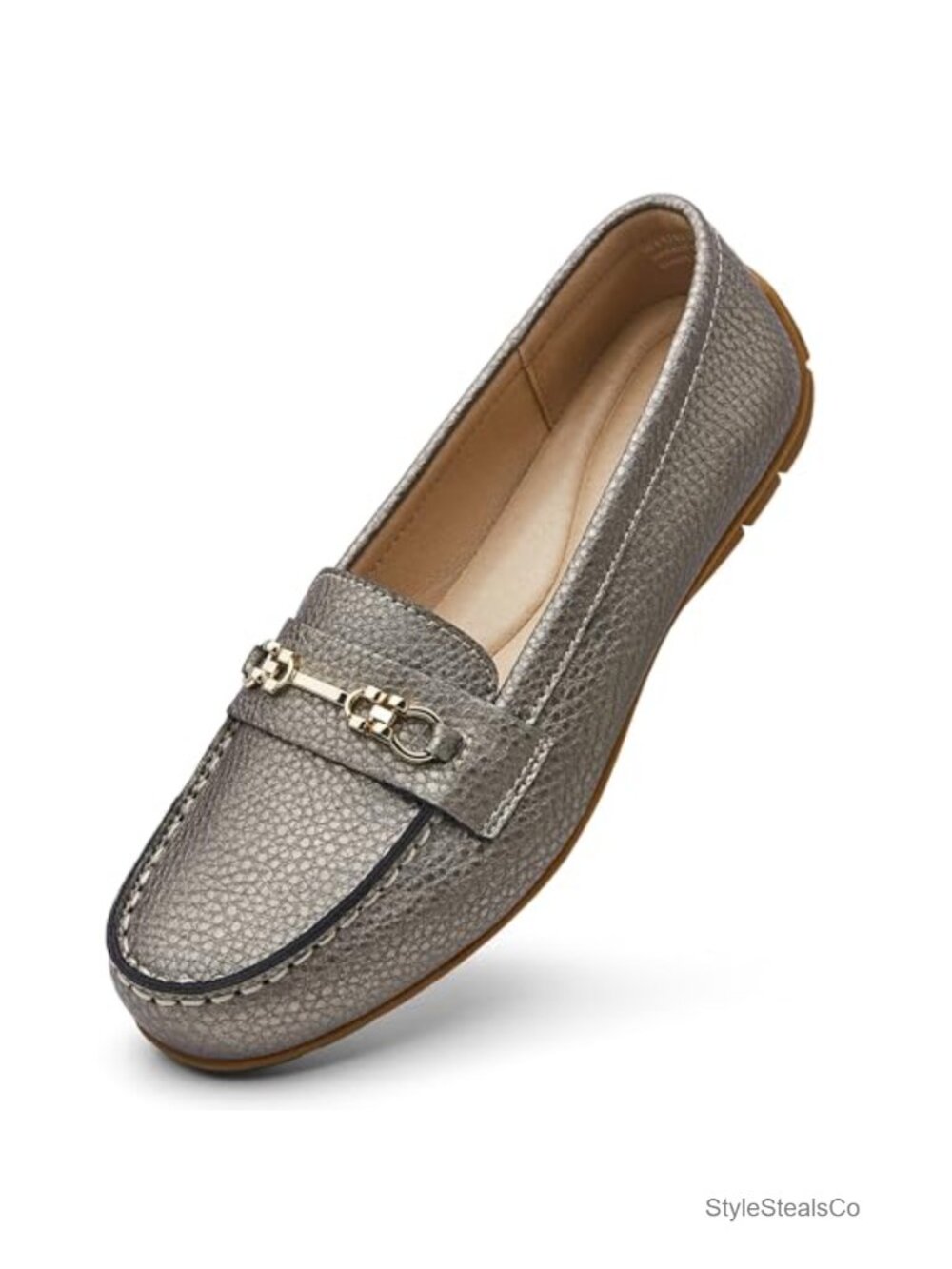 Genuine Leather Loafers with Gold Tone Buckle, Memory Foam, Slip-On Comfort